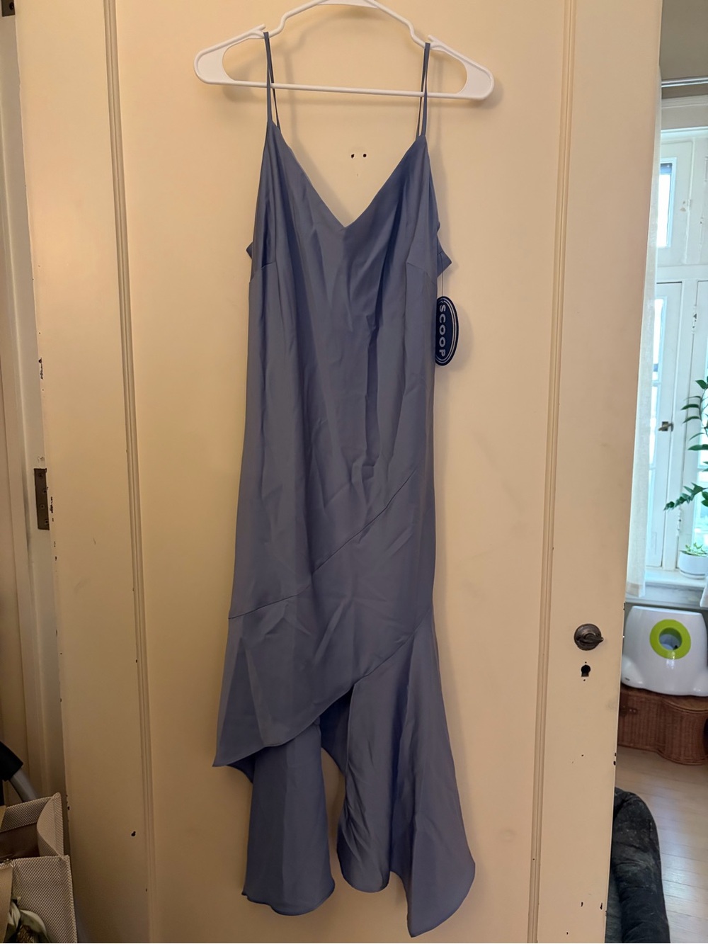 Dusty Blue Asymmetric Slip Dress with Spaghetti Straps